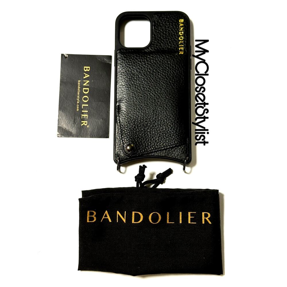 Bandolier 11Pro Black Leather iPhone Crossbody Strap Case NEW SET Gold OR Pewter - Picture 7 of 12